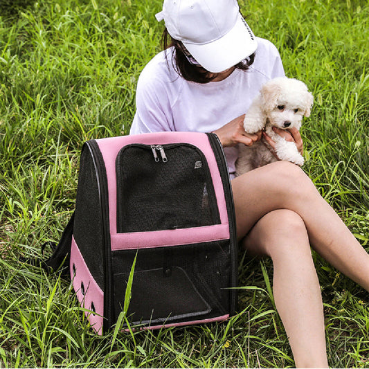 KFX-0012989 Stylish Personalized Pet Backpack with Mesh Pocket in Black, Pink, and Brown