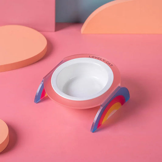 KFX-0016701 Ceramic Double and Single Cat Bowls with High Legs in Rainbow Colors