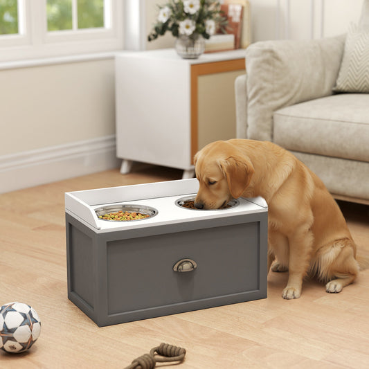 KFX-0049469 Elevated Pet Feeding Station with Storage, 2 Stainless Steel Bowls for Large Dogs, Gray