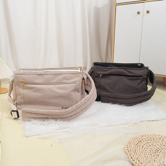 KFX-0084285 Large Capacity Soft Surface Messenger Bag for Pets - Comfortable Black & Beige Backpack