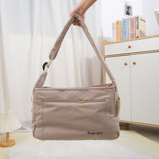 KFX-0084285 Large Capacity Soft Surface Messenger Bag for Pets - Comfortable Black & Beige Backpack