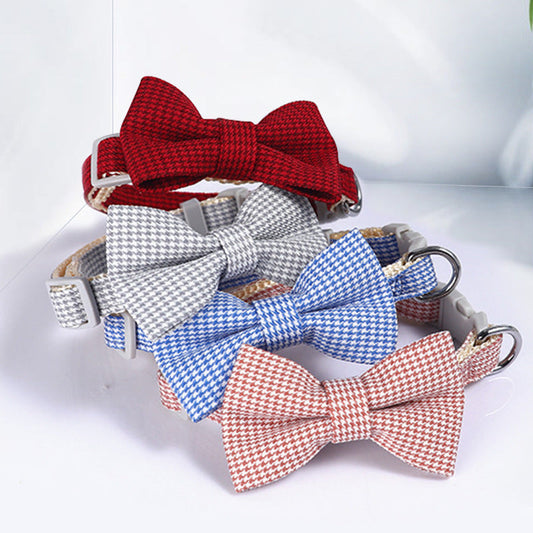 KFX-0116797 Houndstooth Pattern Bow Pet Collar for Cats and Dogs - Red, Blue, Pink, Brown, Nylon, 23-30cm