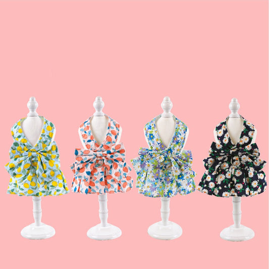 KFX-0120381 Floral Cotton Dog Dress with Nylon Traction Rope, Summer Overalls in Multiple Sizes