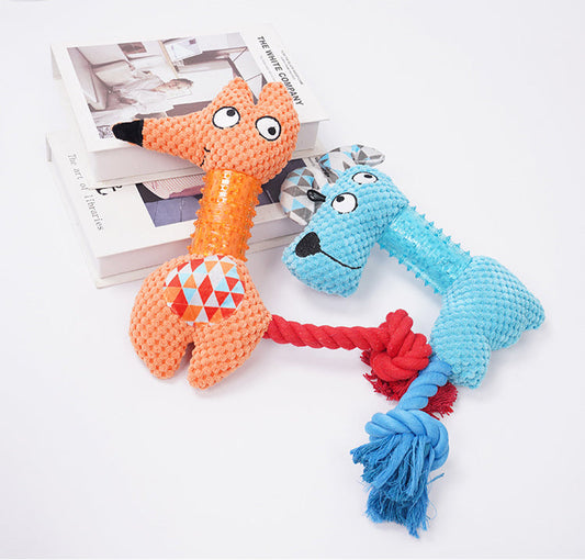 KFX-0127933 Plush Squeaky Dog Toy - Bite Resistant Fox & Big-Eared Dog Design with Cotton Rope Tail, Ideal for Small and Large Dogs