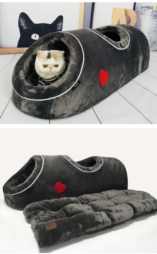 KFX-0138301 Double-Hole Flannel Cat Nest - Grey Heart, Brown Meteor, Silver-White Heart - Size 80X30X26CM