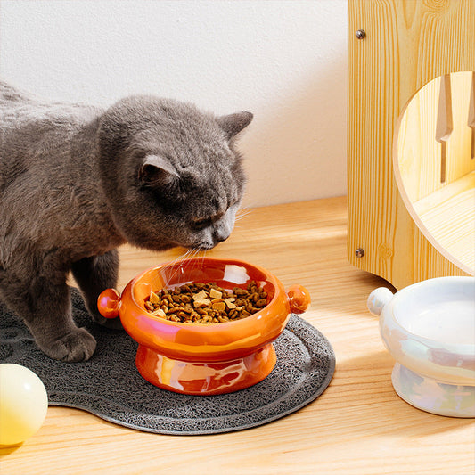 KFX-0147773 Ceramic Cat Food Bowl with Elevated Design - Available in Bright White and Colorful Orange
