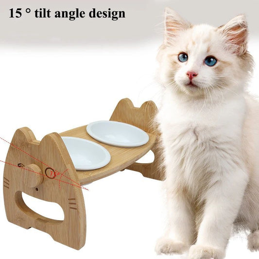 KFX-0170813 Height Adjustable Ceramic Pet Bowl with Wooden Stand for Dogs and Cats - Non-Slip & Tilt Design