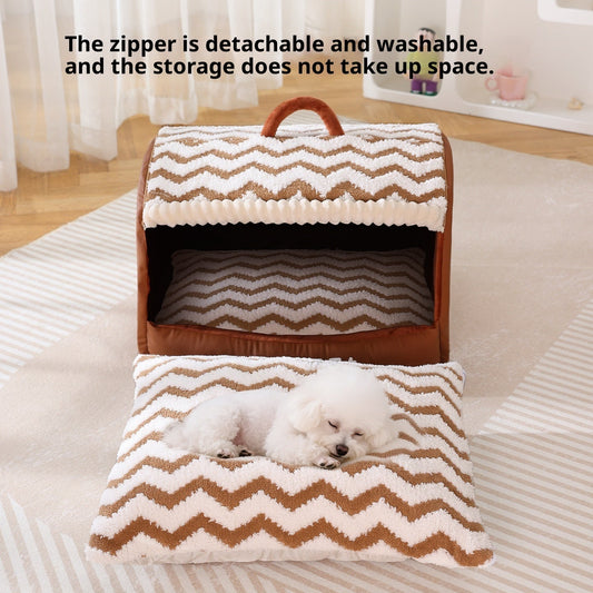 KFX-0174653 Houndstooth Semi-Enclosed Dog Kennel in Wavy Brown and Gray - Multiple Sizes Available