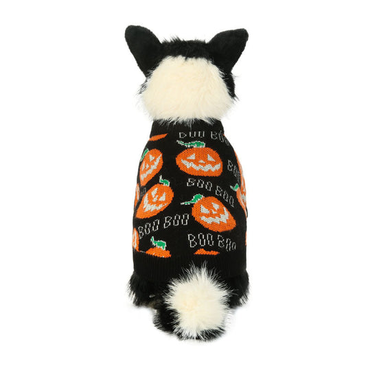 KFX-0211133 Halloween Pumpkin Pattern Dog Sweater - Black, Sizes S-XXL, Polyester Material