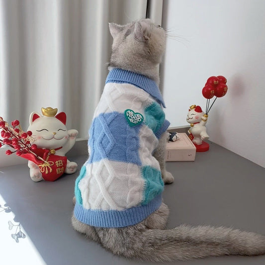 KFX-0238141 Plaid Polo-Collar Cardigan Sweater for Small to Medium Pets in Sky Blue and Pink