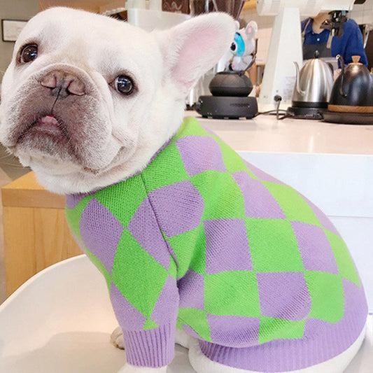 KFX-0243901 Cozy Purple Diamond Plaid Sweater for Dogs in Various Sizes