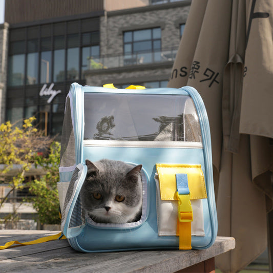 KFX-0269373 Transparent Portable Backpack for Cats - Breathable PVC Travel Bag in Orange and Blue