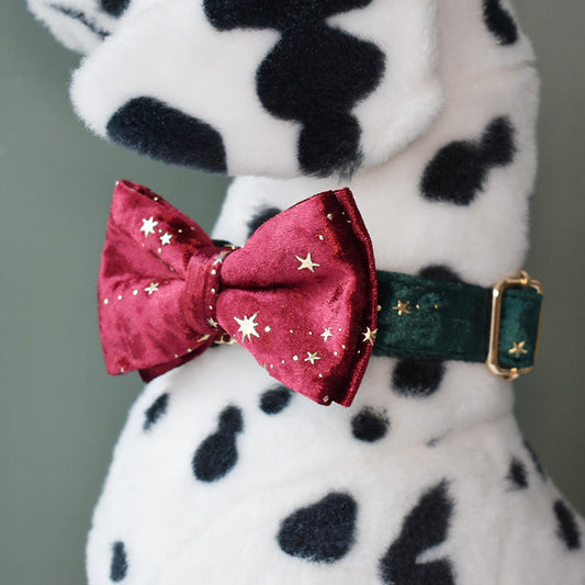 KFX-0274877 Burgundy Star Flannel Dog Collar, Leash, and Bow Tie Set
