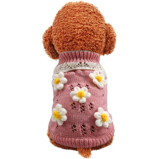 KFX-0276669 Warm and Comfortable Acrylic Sweater for Cats and Dogs - Jacquard Flower Design in Pink and Green