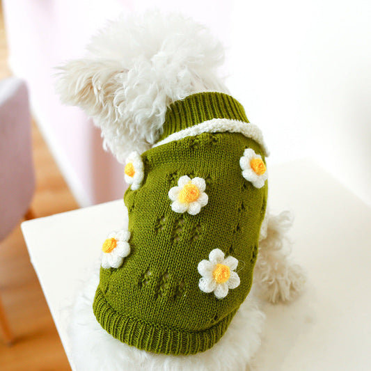KFX-0276669 Warm and Comfortable Acrylic Sweater for Cats and Dogs - Jacquard Flower Design in Pink and Green