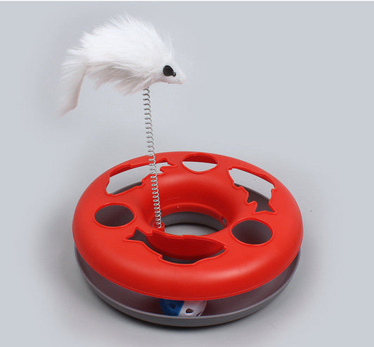 KFX-0300733 Colorful Round Cat Play Tray with Spring-Activated Mouse Toy, 23cm Diameter, Various Colors