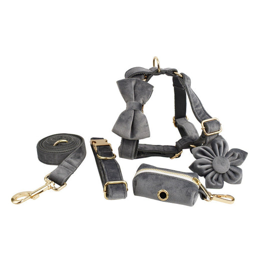 KFX-0304957 Adjustable Dog Fabric Velvet Collar Set with Rope, Bow Knot, Flower, Vest, and Poop Bag