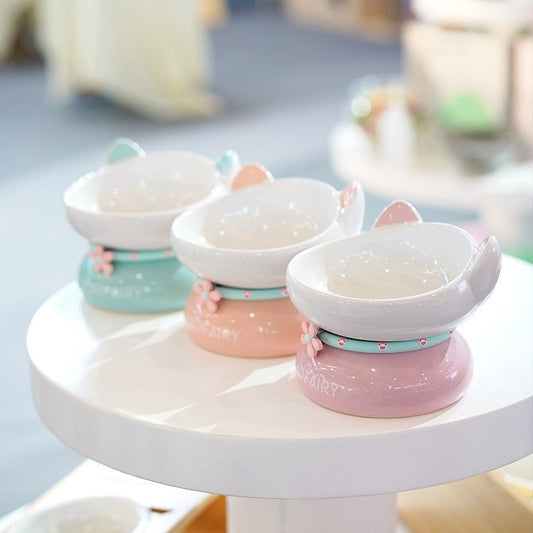 KFX-0338621 Ceramic Open Cat Food Bowl in Lotus Root Pink and Water Blue