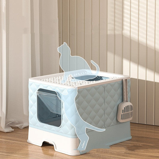 KFX-0340285 Removable and Washable Folding Cat Litter Basin - Drawer Type Magic Cube in Grey and Blue