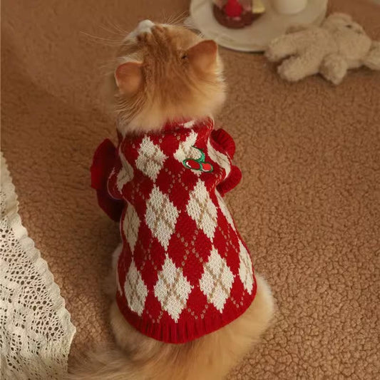 KFX-0342205 Cherry Sweater for Cats - Cute Rhombic Embroidery, Casual Style, Autumn & Winter Wear