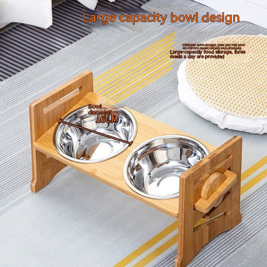 KFX-0344381 Stainless Steel Double Cat Food Bowl with Wooden Bracket Dining Trolley