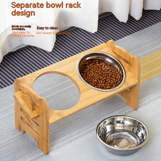 KFX-0344381 Stainless Steel Double Cat Food Bowl with Wooden Bracket Dining Trolley