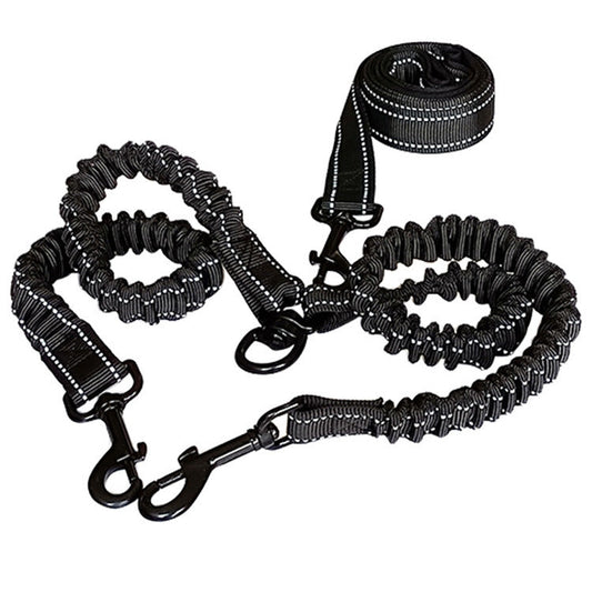 KFX-0349757 Dual-Headed Polyester Dog Leash with Elastic Foot, Black, 100cm Length, 2.5cm Width
