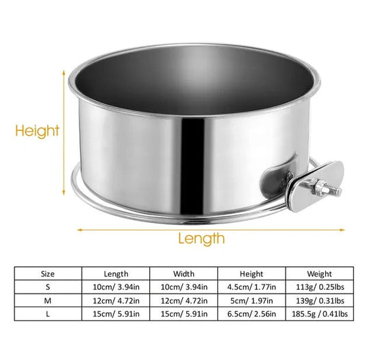 KFX-0353725 Detachable Stainless Steel Dog Bowl with Clamp for Pet Cages, Multiple Sizes Available