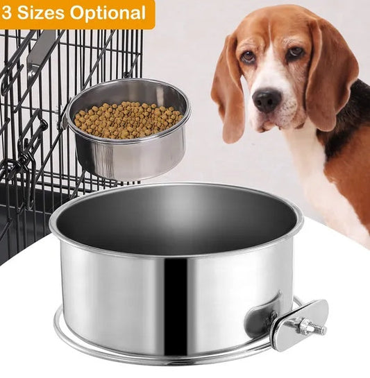 KFX-0353725 Detachable Stainless Steel Dog Bowl with Clamp for Pet Cages, Multiple Sizes Available