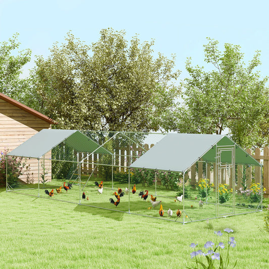 KFX-0359357 Spacious Metal Chicken Run with Waterproof Cover, Feeder, and Perches for 24-30 Chickens