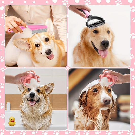 KFX-0399805 8-Piece Self-Cleaning Dog Grooming Tool Set in Pink and Blue