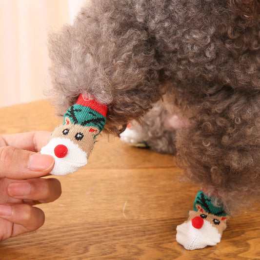KFX-0400061 Festive Cartoon Pet Socks for Dogs - Santa Claus, Elk, and Snowman Designs