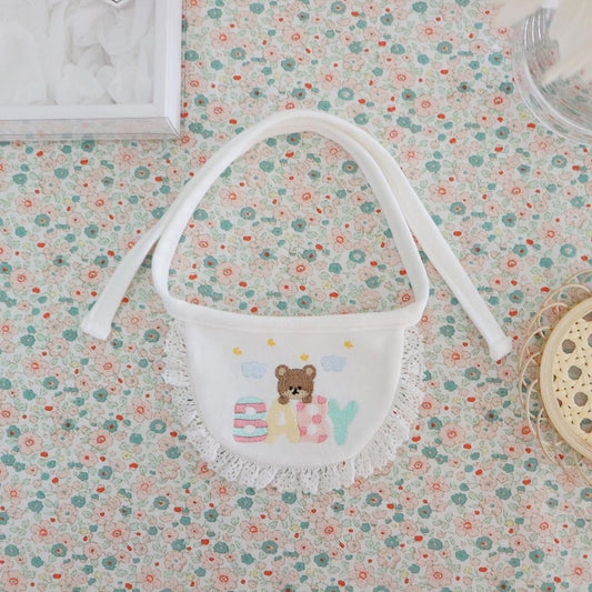 KFX-0401597 Cute Bear Embroidery Cotton Saliva Towel Small Bib - White
