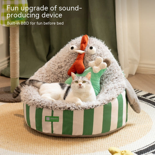 KFX-0425277 Cozy Removable Washable Pet Bed with Sound Toys - Yellow Bird & Gray Chicken Designs