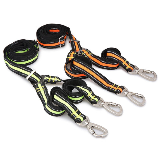 KFX-0448061 Adjustable Reflective Nylon Pet Double-Headed Leash for Two Dogs - Orange, Blue, Green