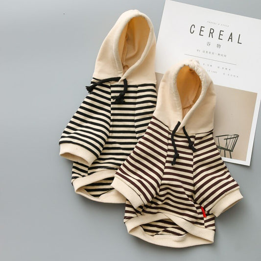 KFX-0458173 Hooded Terry Cotton Sweater for Pets in Black and Khaki Stripes, Various Sizes Available