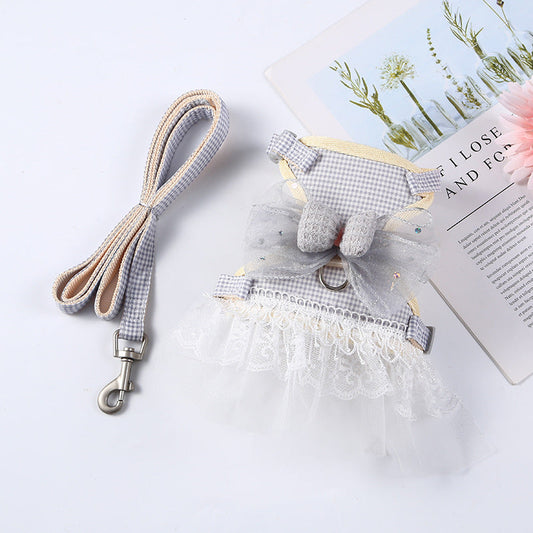 KFX-0494141 Lace Chest Harness Dress for Pets in Light Blue, Pink, Grey, Khaki