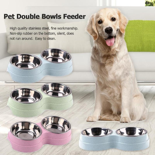 KFX-0502461 Two-in-One Double Bowl Pet Food and Water Dish in Straw Plastic - Available in Blue, Green, and Pink