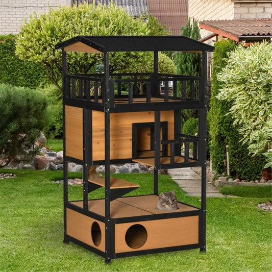 KFX-0517437 Wooden Cat House with Multiple Entrances and Spacious Design for Indoor/Outdoor Use