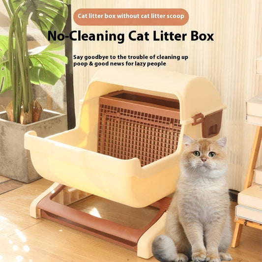KFX-0530109 Extra Large Semi-Automatic Tilting Cat Litter Box in Beige Brown, Beige, Green, and Pink