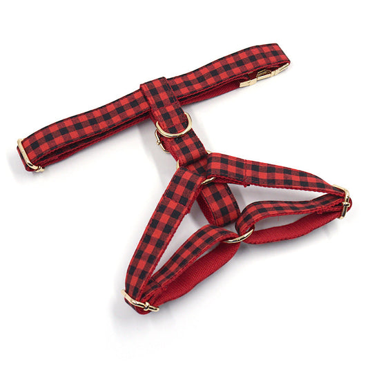 KFX-0594109 Red and Black Plaid Dog Harness with Gold Buckle - Adjustable Chest and Back Cover