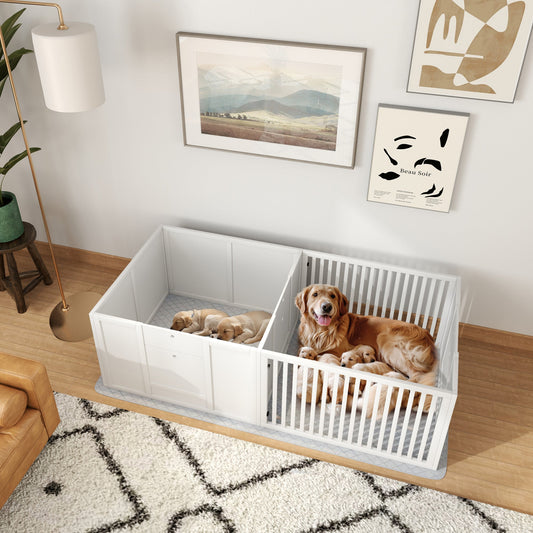 KFX-0596285 Dog Whelping Box with Adjustable Door and Waterproof Pee Pad for All Breed Sizes, 65" x 31.5"