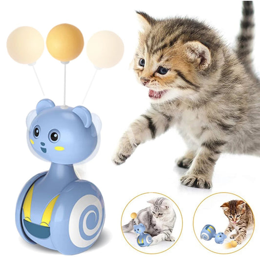 KFX-0598077 Interactive Feather Toy for Cats - Tumbler Rolling Teaser with Rotating Ball, Pink/Blue