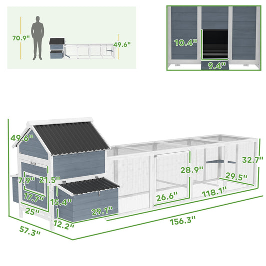 KFX-0609981 Extra Large Wooden Chicken Coop with 2 Nesting Boxes, Run Cage, and Waterproof Roof for 10-15 Chickens in Light Gray