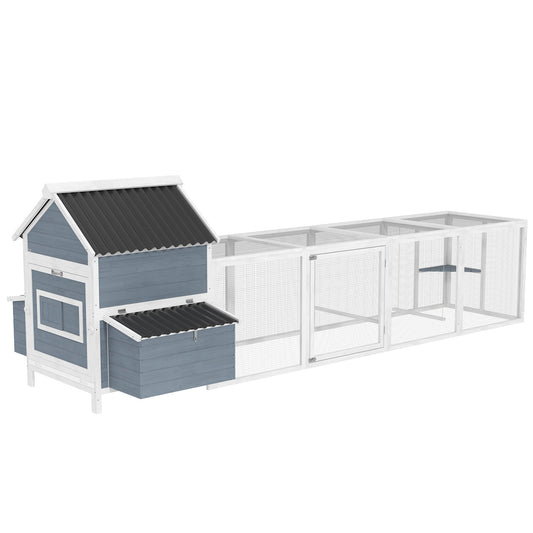 KFX-0609981 Extra Large Wooden Chicken Coop with 2 Nesting Boxes, Run Cage, and Waterproof Roof for 10-15 Chickens in Light Gray