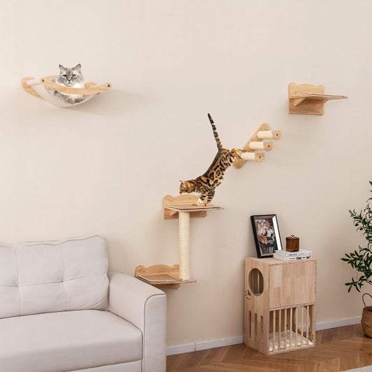 KFX-0621117 Natural Plywood Cat Wall Furniture Set with Hammock, 2-Step Cat Tree, and 3-Step Stairs