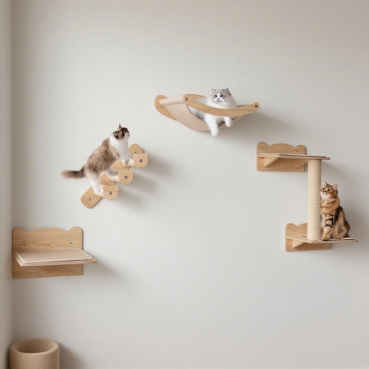 KFX-0621117 Natural Plywood Cat Wall Furniture Set with Hammock, 2-Step Cat Tree, and 3-Step Stairs