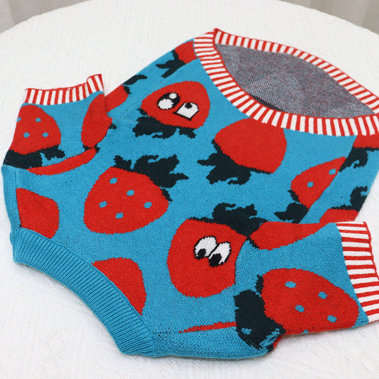 KFX-0631357 Cute Blue Strawberry Cartoon Sweater for Short and Fat Dogs - Available in S, M, L, XL