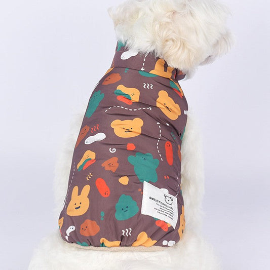 KFX-0638781 Cartoon Double-Sided Vest Coat for Pets in Dark Blue, Apricot, and Dark Brown, Available in Multiple Sizes