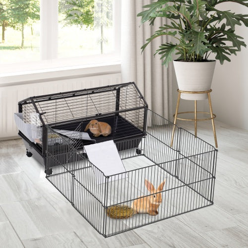 KFX-0642749 Small Animal Playpen Cage with Rolling Casters and Water Bottle - 35" L, Durable Steel, Easy Access Design